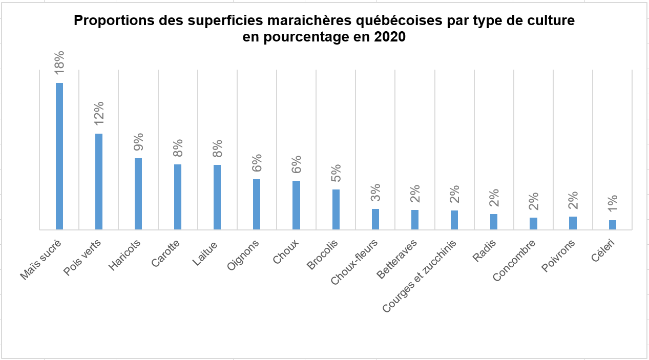 Proportions des superficies maraichères québécoises par type de culture en pourcentage en 2020